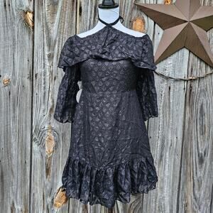 Halter Dress Black Shimmer Off Shoulder Flare Sleeve Ruffle Hayden LA Size S